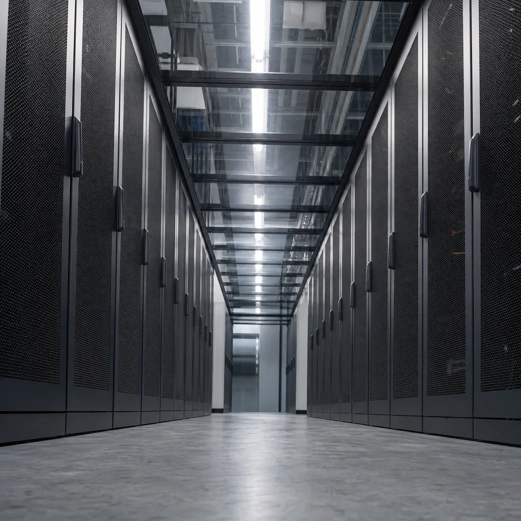 A data centre cold aisle, equipment racks receding under even industrial lighting with nobody present