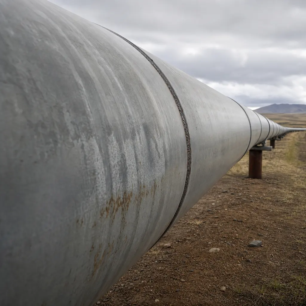 A run of large-diameter steel pipeline crossing open terrain, weld seams visible along its length