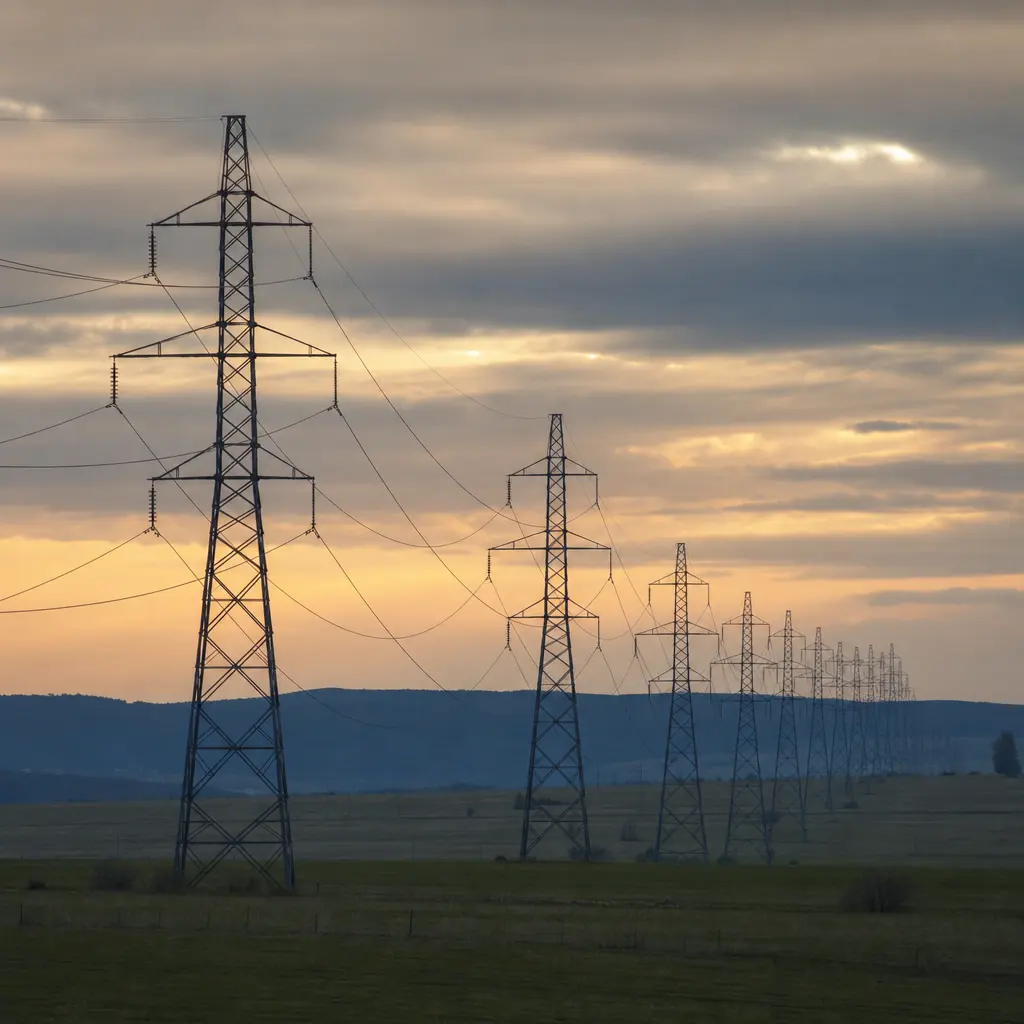 High-voltage transmission towers marching across open country at dusk, compressed by a long lens into a repeating line