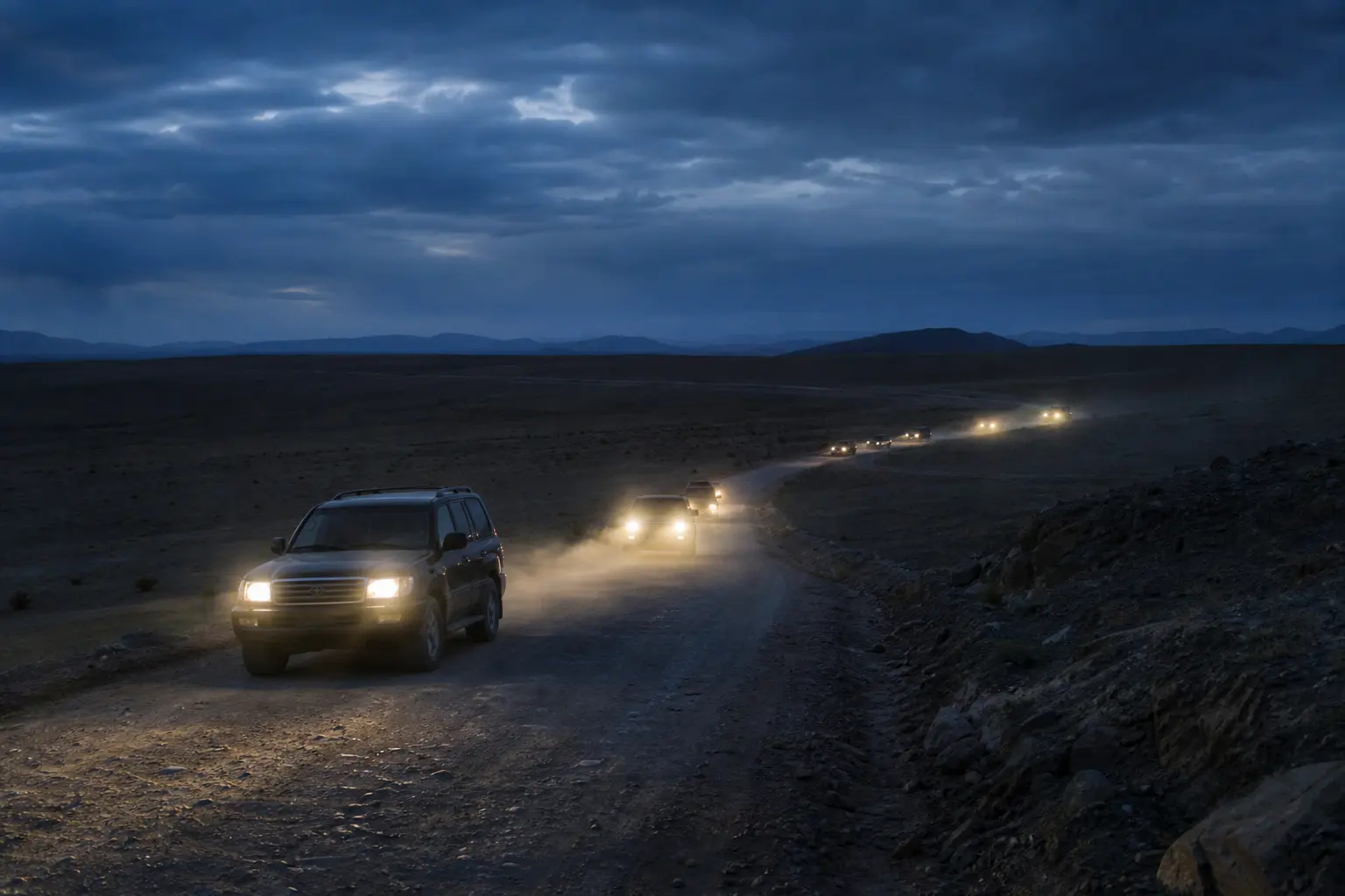 A vehicle convoy crossing open unpaved ground at blue hour with headlights on and dust in the air