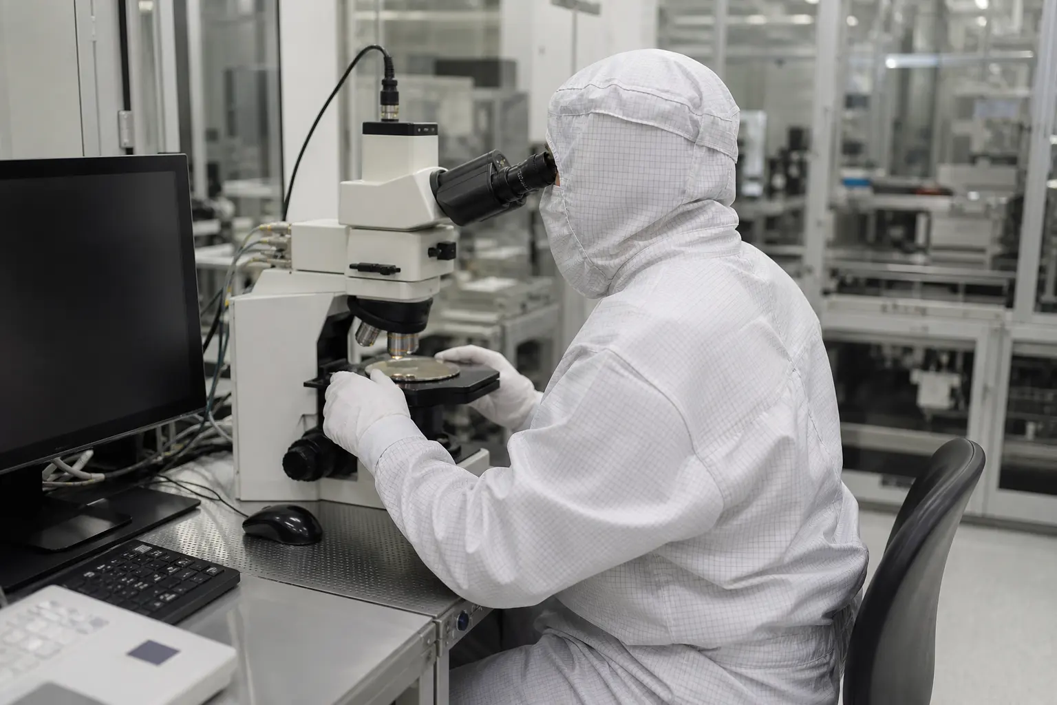 A researcher in cleanroom coverall and gloves working at a microscope station, seen from behind and to the side